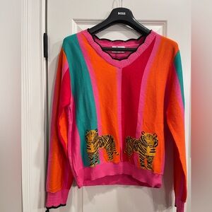 Women's V-Neck Sweater - Multicolor with Tiger Design